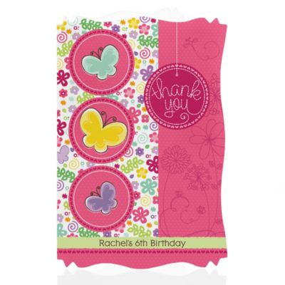 Playful Butterfly and Flowers - Personalized Birthday Party Thank You Cards