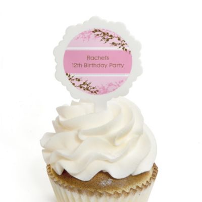 Cherry Blossom - Personalized Birthday Party Cupcake Pick and Sticker Kit - 12 ct