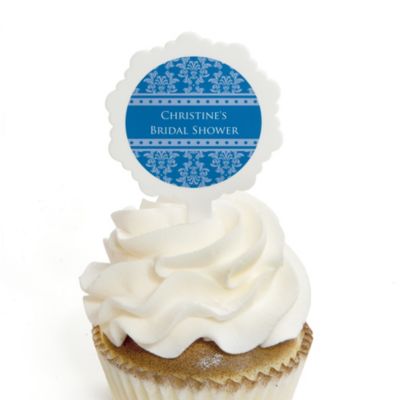 Damask Blue - Personalized Bridal Shower Cupcake Pick and Sticker Kit -  12 ct