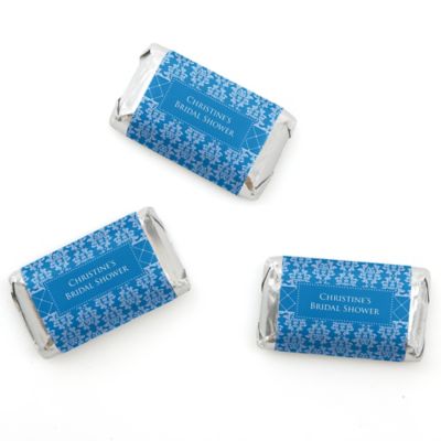 Damask Blue - Personalized Bridal Shower Mini Candy Bar Wrapper Favors - 20 ct