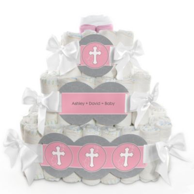 Little Miracle Girl Pink & Brown Cross - Personalized Baby Shower Square Diaper Cakes - 3 Tier