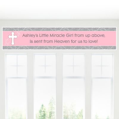 Little Miracle Girl Pink & Brown Cross - Personalized Baby Shower Banners