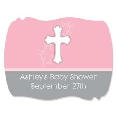Little Miracle Girl Pink & Brown Cross - Personalized Baby Shower Squiggle Stickers - 16 ct