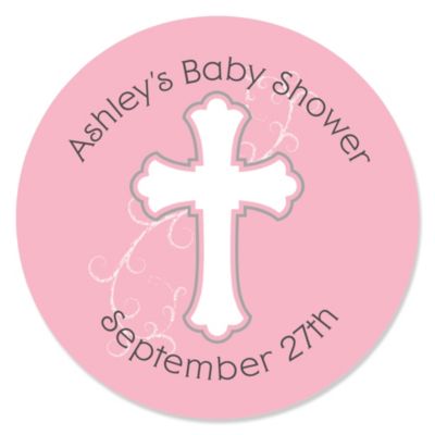 Little Miracle Girl Pink & Brown Cross - Personalized Baby Shower Sticker Labels - 24 ct