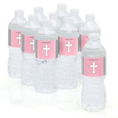 Little Miracle Girl Pink & Brown Cross - Personalized Baby Shower Water Bottle Label Favors