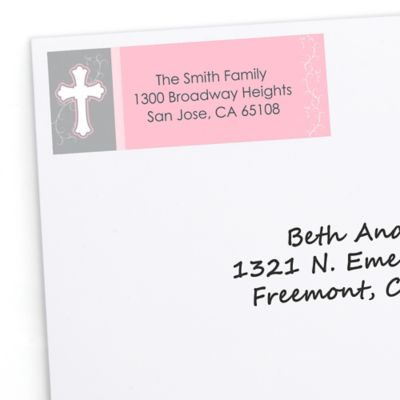 Little Miracle Girl Pink & Brown Cross - Personalized Baptism Return Address Labels - 30 ct
