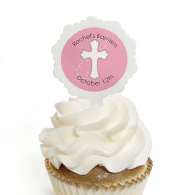 Little Miracle Girl Pink & Brown Cross - Personalized Baptism Cupcake Picks and Sticker Kit - 12 ct