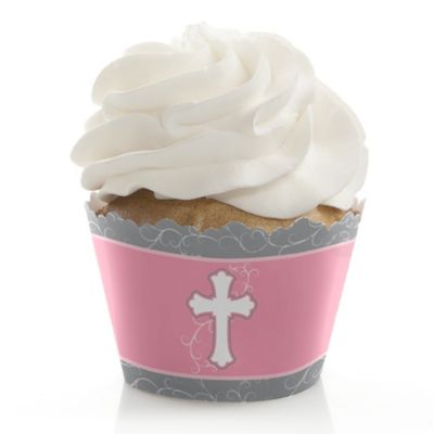 Little Miracle Girl Pink & Brown Cross - Baptism Cupcake Wrappers