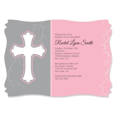 Little Miracle Girl Pink & Brown Cross - Personalized Baptism Invitations