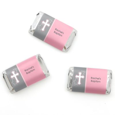 Little Miracle Girl Pink & Brown Cross - Personalized Baptism Mini Candy Bar Wrapper Favors - 20 ct