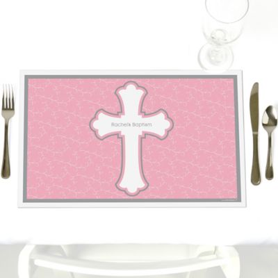 Little Miracle Girl Pink & Brown Cross - Personalized Baptism Placemats