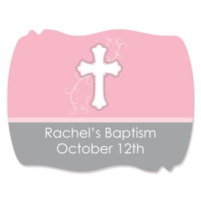 Little Miracle Girl Pink & Brown Cross - Personalized Baptism Squiggle Stickers - 16 ct