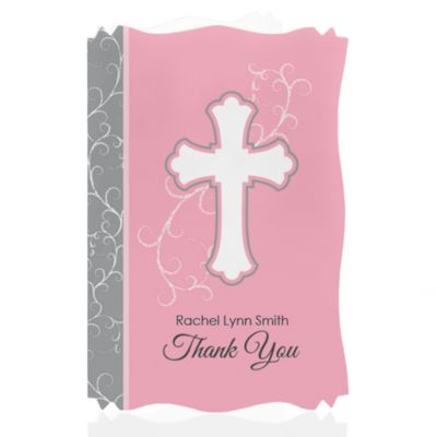 Little Miracle Girl Pink & Brown Cross - Personalized Baptism Thank You Cards 