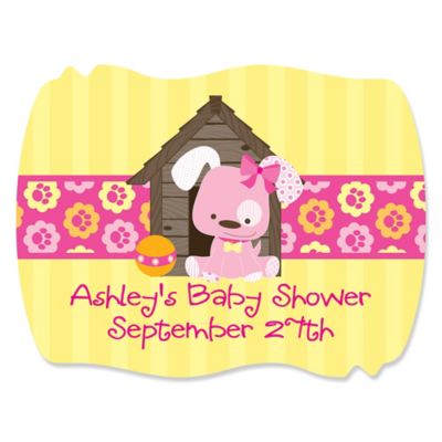 Girl Puppy Dog - Personalized Baby Shower Squiggle Stickers - 16 ct