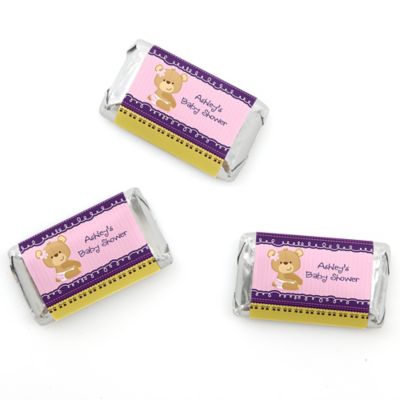 Baby Girl Teddy Bear - Personalized Baby Shower Mini Candy Bar Wrapper Favors - 20 ct
