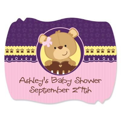 Baby Girl Teddy Bear - Personalized Baby Shower Squiggle Stickers - 16 ct