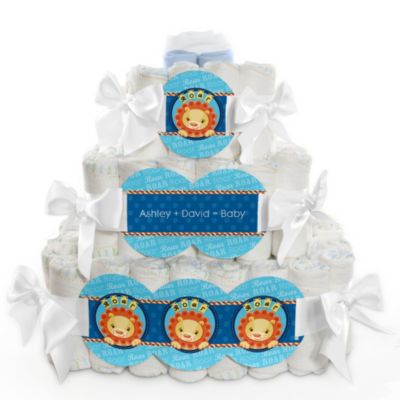 Lion Boy - Personalized Baby Shower Square Diaper Cakes - 3 Tier