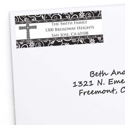 Modern Floral Black & White Cross - Personalized Baptism Return Address Labels - 30 ct