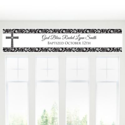 Modern Floral Black & White Cross - Personalized Baptism Banners