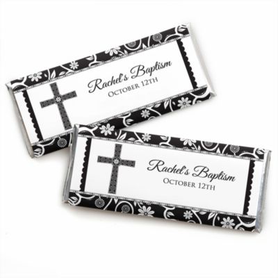 Modern Floral Black & White Cross - Personalized Baptism Candy Bar Wrapper Favors