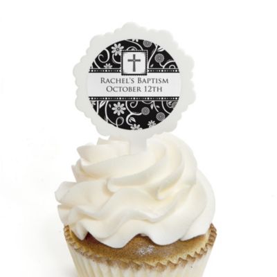 Modern Floral Black & White Cross - Personalized Baptism Cupcake Picks and Sticker Kit - 12 ct