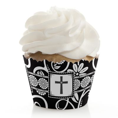 Modern Floral Black & White Cross - Baptism Cupcake Wrappers