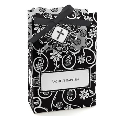 Modern Floral Black & White Cross - Personalized Baptism Favor Boxes