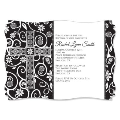 Modern Floral Black & White Cross - Personalized Baptism Invitations