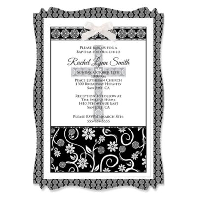 Modern Floral Black & White Cross - Personalized Baptism Vellum Overlay Invitations