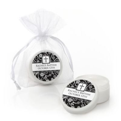 Modern Floral Black & White Cross - Personalized Baptism Lip Balm Favors