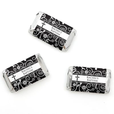 Modern Floral Black & White Cross - Personalized Baptism Mini Candy Bar Wrapper Favors - 20 ct