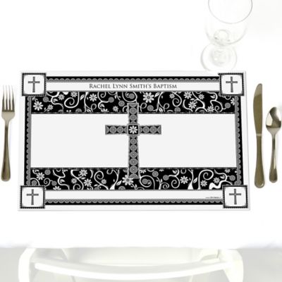 Modern Floral Black & White Cross - Personalized Baptism Placemats