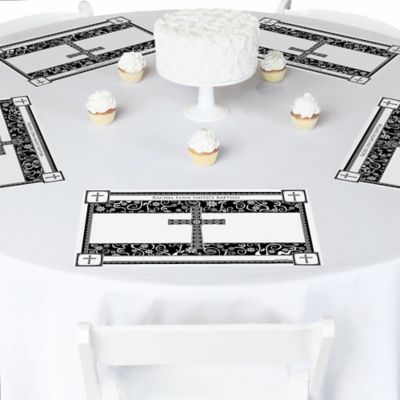Modern Floral Black & White Cross - Personalized Baptism Placemats