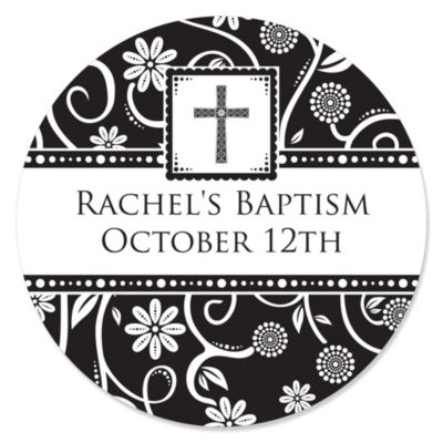 Modern Floral Black & White Cross - Personalized Baptism Sticker Labels - 24 ct