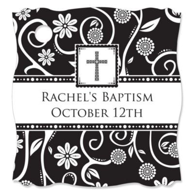 Modern Floral Black & White Cross - Personalized Baptism Tags - 20 ct