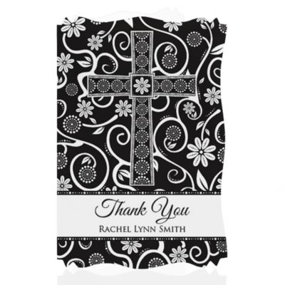 Modern Floral Black & White Cross - Personalized Baptism Thank You Cards 