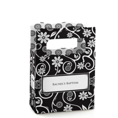 Modern Floral Black & White Cross - Personalized Baptism Mini Favor Boxes
