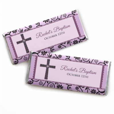 Modern Floral Wild Orchid Cross - Personalized Baptism Candy Bar Wrapper Favors