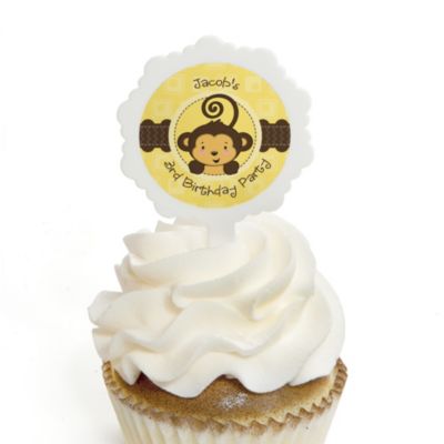 Monkey Neutral - Personalized Birthday Party Cupcake Pick and Sticker Kit - 12 ct