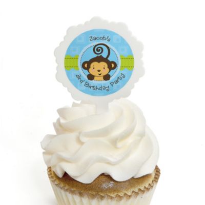 Monkey Boy - Personalized Birthday Party Cupcake Pick and Sticker Kit - 12 ct