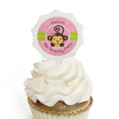 Monkey Girl - Personalized Birthday Party Cupcake Pick and Sticker Kit - 12 ct