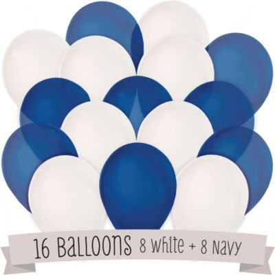 Navy and White - Birthday Party Latex Balloons - 16 ct