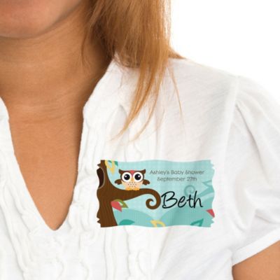 Owl - Look Whooo's Having A Baby - Personalized Baby Shower Name Tag Stickers - 8 ct