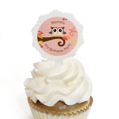 Owl Girl - Look Whooo's Having A Birthday - Personalized Birthday Party Cupcake Pick and Sticker Kit - 12 ct