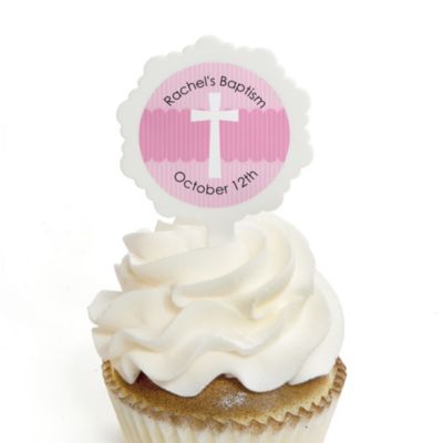 Delicate Pink Cross - Personalized Baptism Cupcake Picks and Sticker Kit - 12 ct