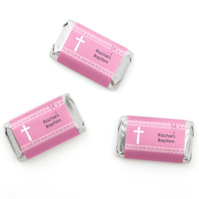 Delicate Pink Cross - Personalized Baptism Mini Candy Bar Wrapper Favors - 20 ct