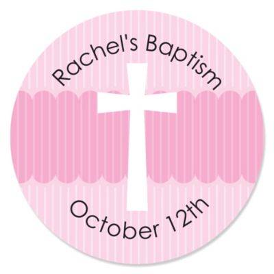 Delicate Pink Cross - Personalized Baptism Sticker Labels - 24 ct