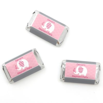 Pink Baby Elephant - Personalized Baby Shower Mini Candy Bar Wrapper Favors - 20 ct