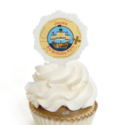 Ahoy Mates!  Pirate - Personalized Birthday Party Cupcake Pick and Sticker Kit - 12 ct