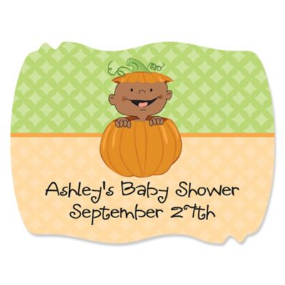 Little Pumpkin African American - Personalized Baby Shower Squiggle Stickers - 16 ct
